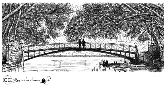 Annecy,le pont des Amours,port,pont,bateau,dessin,peinture,encre de chine