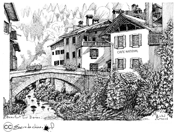 Beaufort sur Doron,dessin,peinture,encre de chine,pont,doron,rivière,montagne