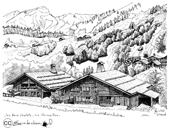 Le Grand Bornand,Le Chinaillon,Les deux chalets,Photo,dessin,encre de chine