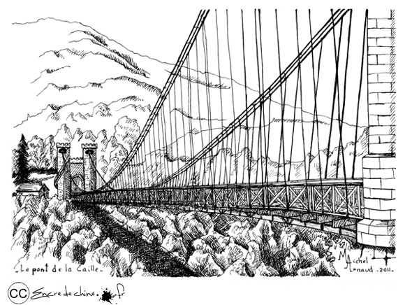 Pont de la Caille,Cruseilles,Allonzier la Caille,dessin,encre de chine,peinture,pont suspendu,