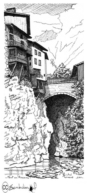 Pont en Royans,dessin,encre de chine,peinture,la place du village,bourne