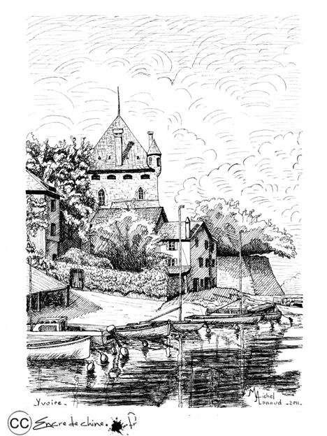 Yvoire,château,port,dessin,peinture,encre de chine,bateau,lac léman